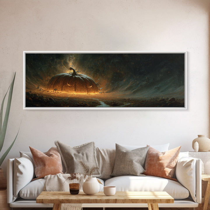 The Cosmic Pumpkin God, Apocalyptic Romantic Art, Extra Wide Wall Art, Macabre Wall Art, Framed Canvas Print, Halloween Wall Art