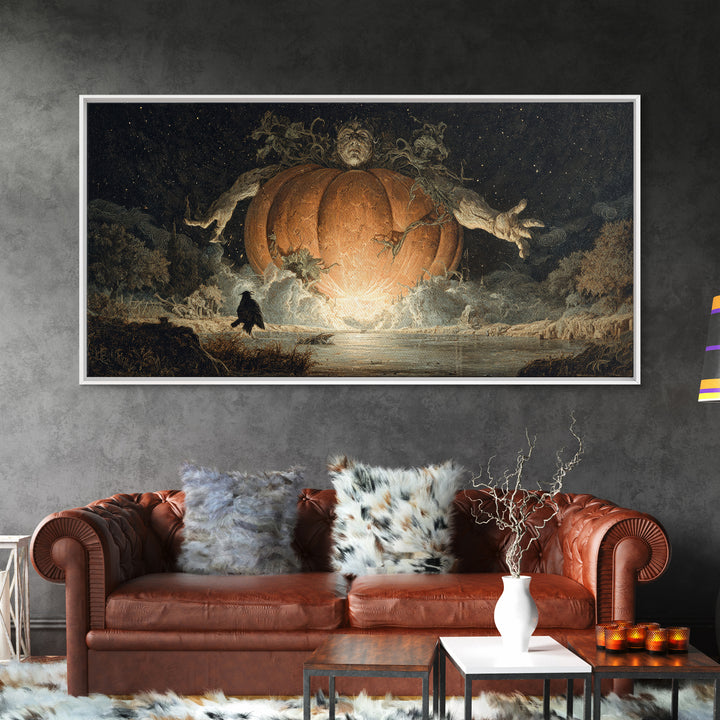 The Cosmic Pumpkin God, Symbolist Gothic Landscape, Wide Panoramic Art, Dark Halloween Decor, Canvas Print, Halloween Wall Art