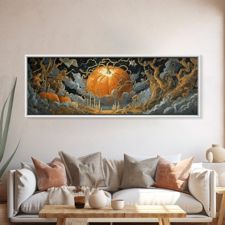 The Cosmic Pumpkin God, Symbolist Etching Art, Extra Wide Wall Art, Dark Halloween Decor, Framed Canvas Print, Halloween Wall Art