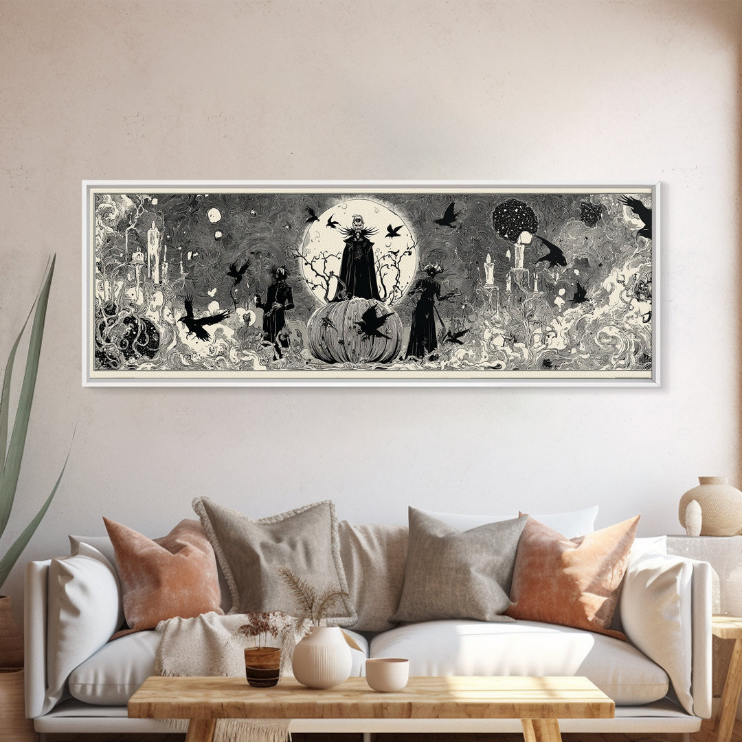 The Cosmic Pumpkin God, Decadent Line Art, Extra Wide Wall Art, Gothic Horror Wall Art, Canvas Print, Halloween Wall Art