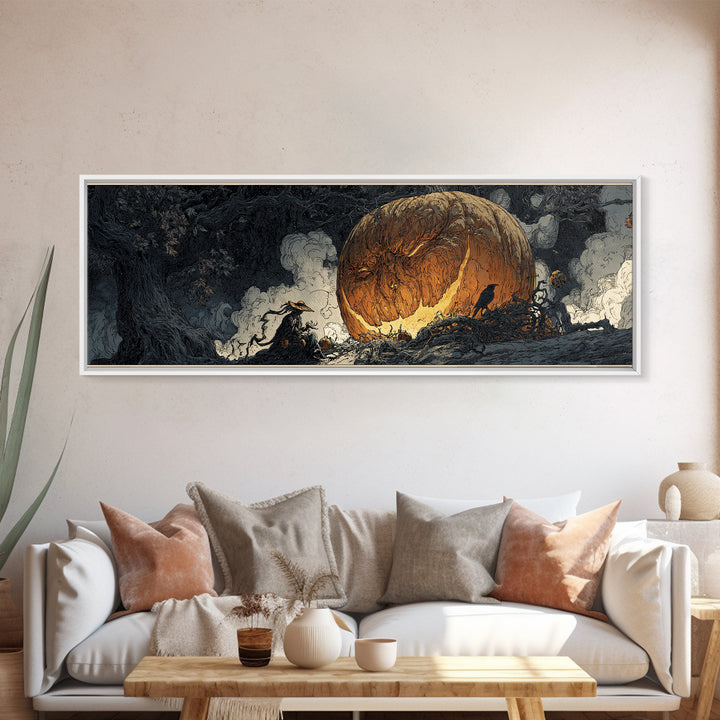 The Cosmic Pumpkin God, Gothic Storybook Art, Extra Wide Wall Art, Dark Fantasy Wall Art, Framed Canvas Print, Halloween Wall Art