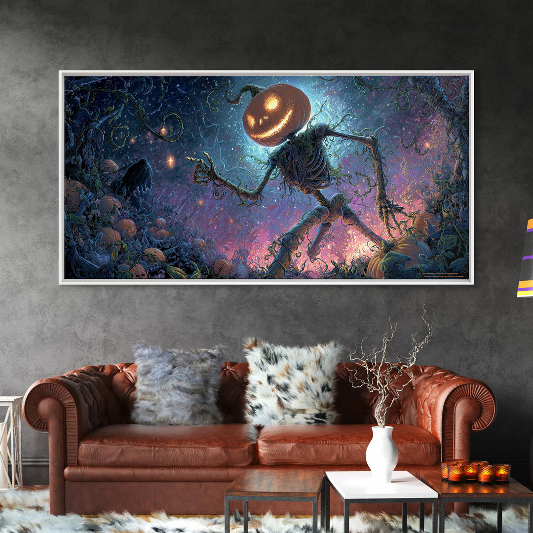 The Cosmic Pumpkin God, Macabre Folk Print Art, Wide Panoramic Art, Macabre Wall Art, Framed Canvas Print, Halloween Wall Art