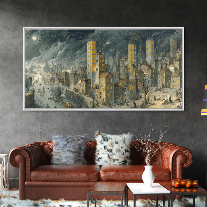 The Haunted City Skyline, Northern Renaissance Horror, Wide Panoramic Art, Gothic Horror Wall Art, Framed Canvas Print