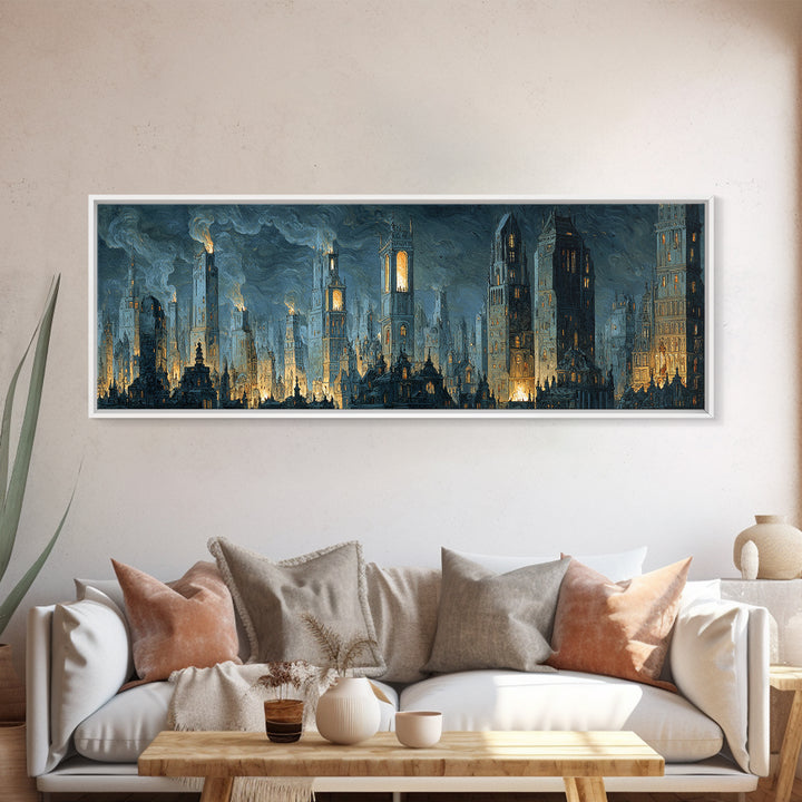 The Haunted City Skyline, Danse Macabre Art, Extra Wide Wall Art, Dark Halloween Decor, Canvas Print, Halloween Wall Art