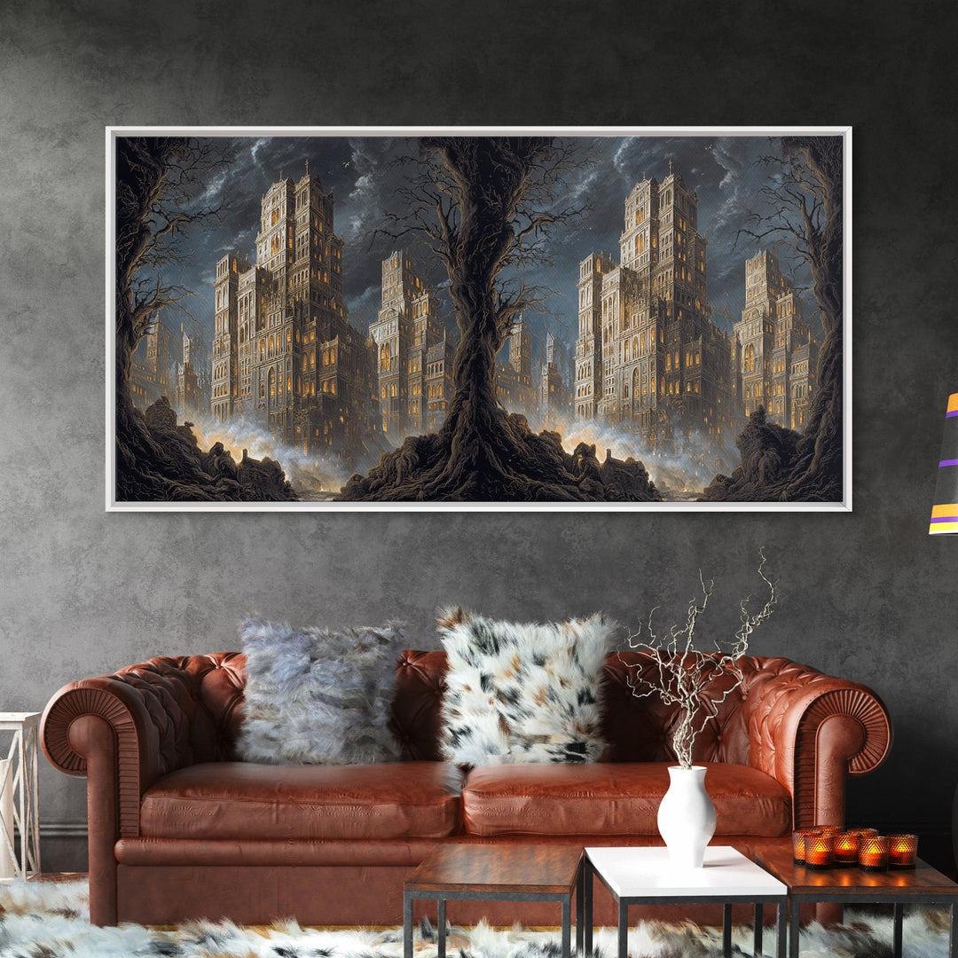 The Haunted City Skyline, Baroque Witchcraft Art, Wide Panoramic Art, Macabre Wall Art, Canvas Print, Halloween Wall Art