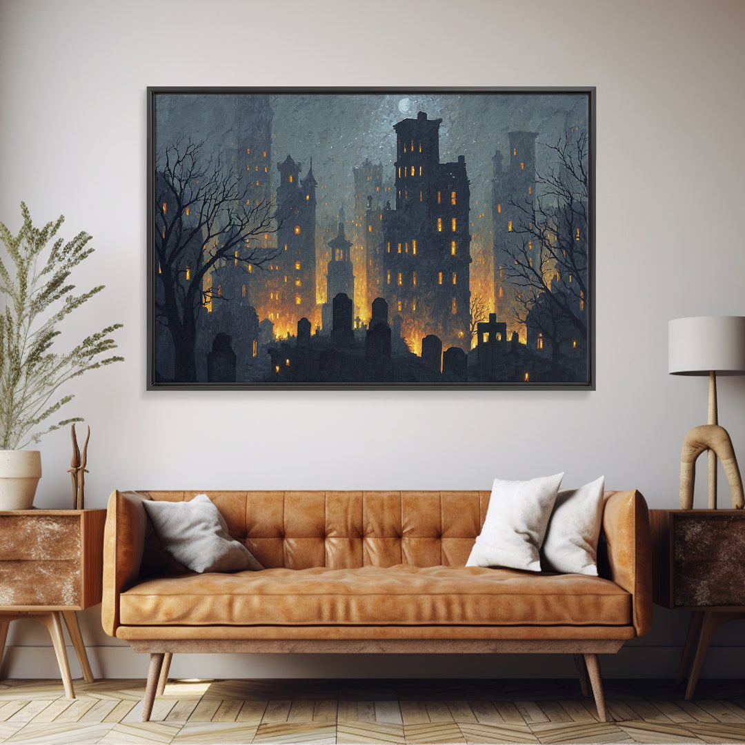 The Haunted City Skyline, Romantic Gothic Landscape, Landscape Wall Art, Dark Fantasy Wall Art, Framed Canvas Print