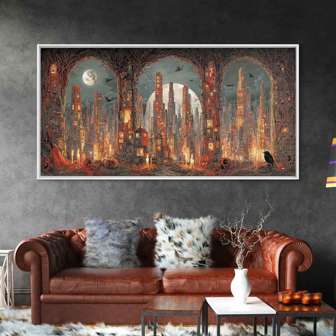 The Haunted City Skyline, Apocalyptic Romantic Art, Wide Panoramic Art, Macabre Wall Art, Canvas Print, Halloween Wall Art