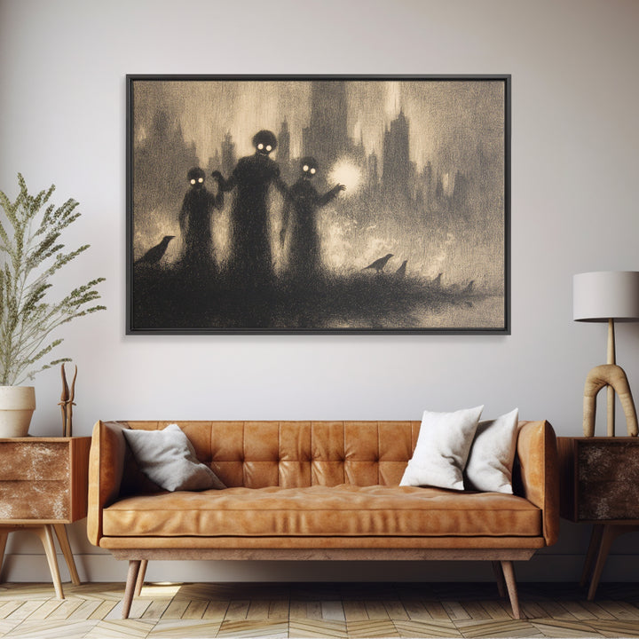 The Haunted City Skyline, Symbolist Dream Art, Landscape Wall Art, Dark Halloween Decor, Framed Canvas Print, Halloween Wall Art