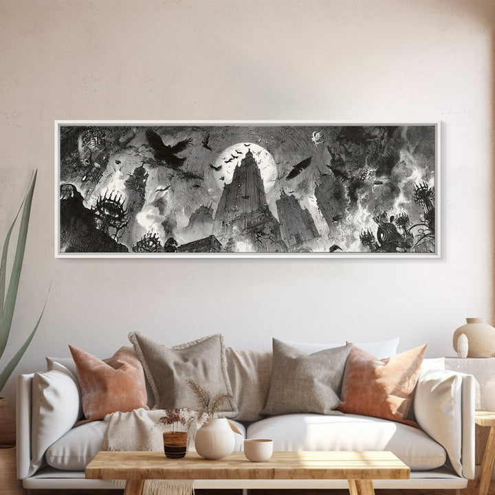 The Haunted City Skyline, Decadent Gothic Art, Extra Wide Wall Art, Macabre Wall Art, Canvas Print, Halloween Wall Art