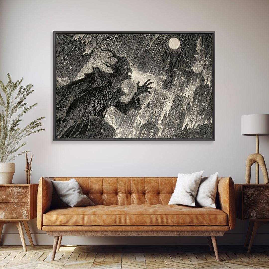 The Haunted City Skyline, Symbolist Etching Art, Landscape Wall Art, Dark Halloween Decor, Canvas Print, Halloween Wall Art