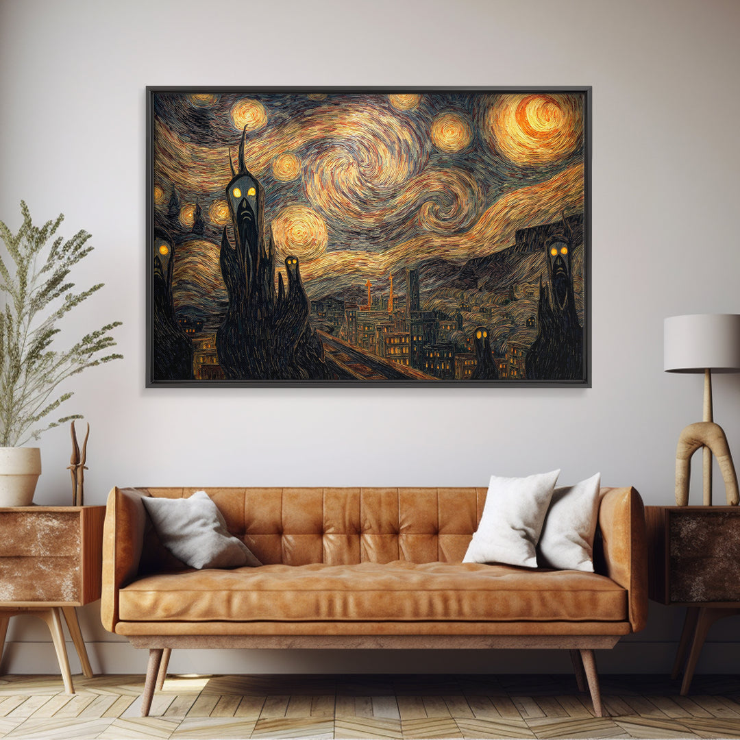 The Haunted City Skyline, Expressionist Gothic Art, Landscape Wall Art, Dark Halloween Decor, Canvas Print, Halloween Wall Art