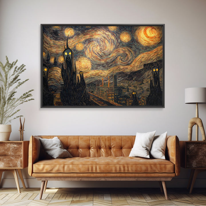 The Haunted City Skyline, Expressionist Gothic Art, Landscape Wall Art, Dark Halloween Decor, Canvas Print, Halloween Wall Art