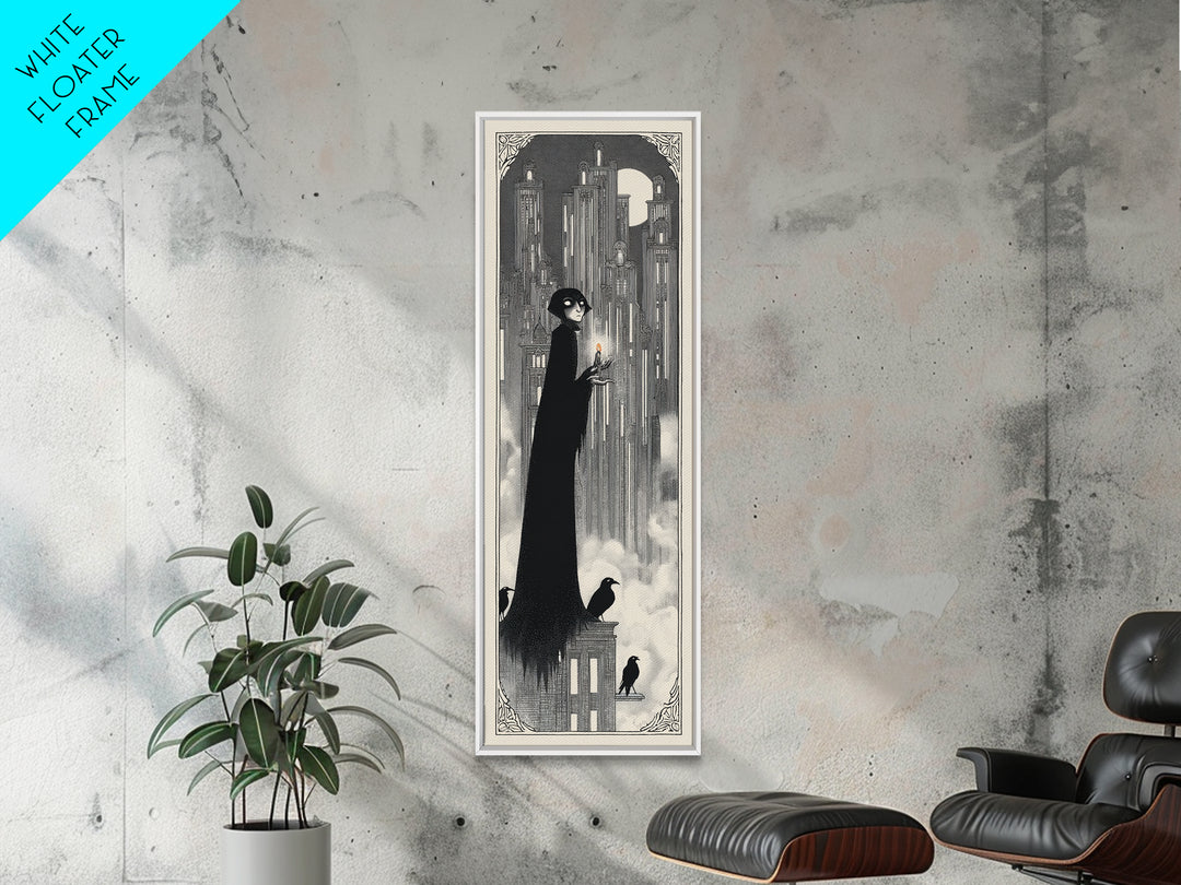 The Haunted City Skyline, Decadent Line Art, Tall Narrow Wall Art, Macabre Wall Art, Framed Canvas Print, Halloween Wall Art