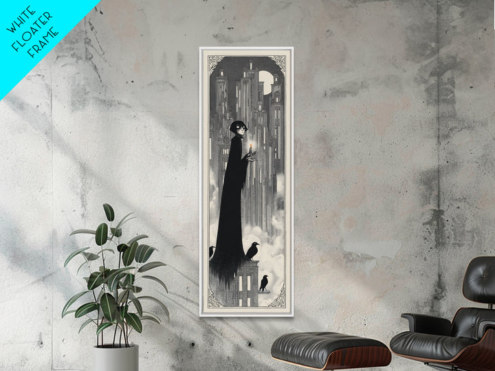 The Haunted City Skyline, Decadent Line Art, Tall Narrow Wall Art, Macabre Wall Art, Framed Canvas Print, Halloween Wall Art