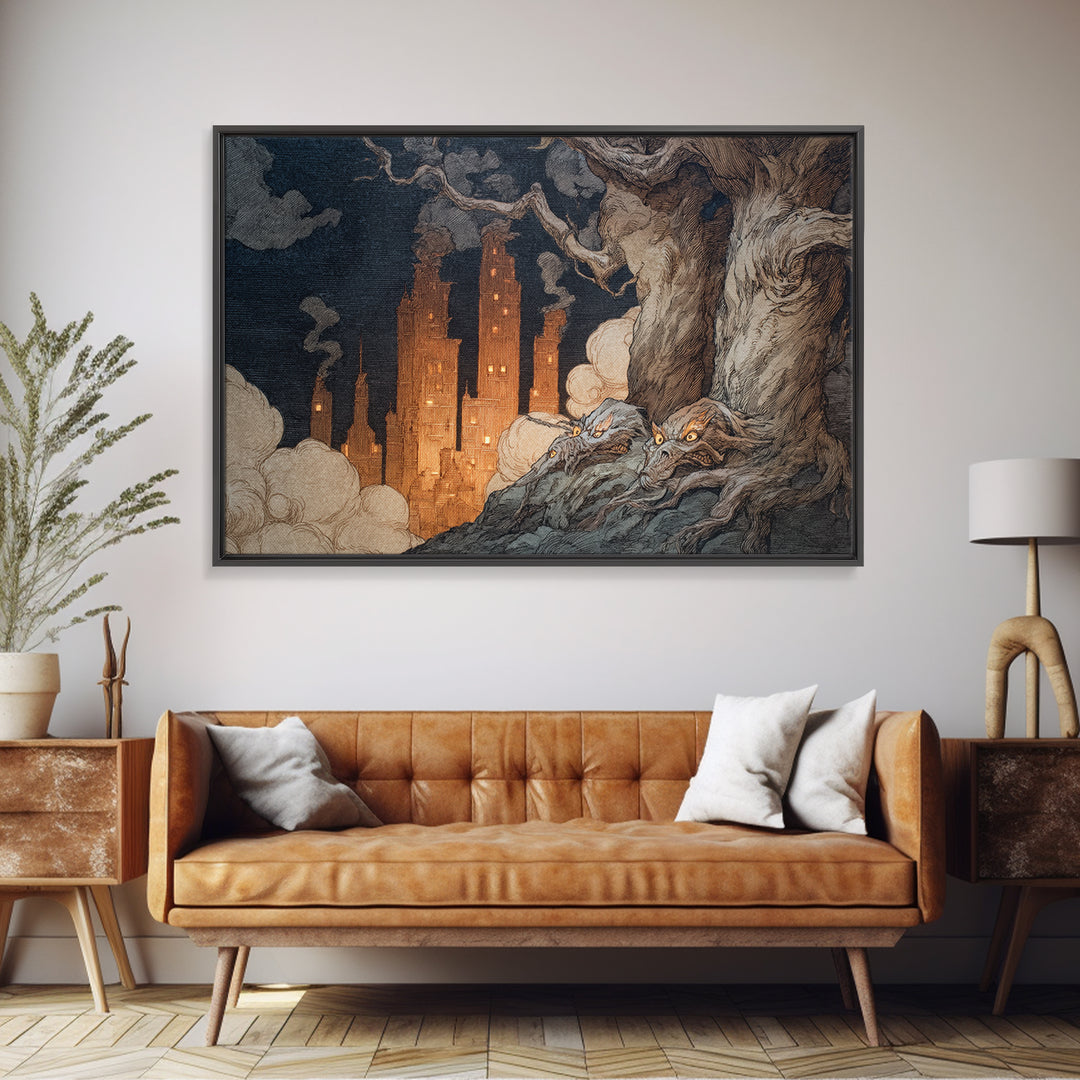 The Haunted City Skyline, Gothic Storybook Art, Landscape Wall Art, Dark Fantasy Wall Art, Canvas Print, Halloween Wall Art
