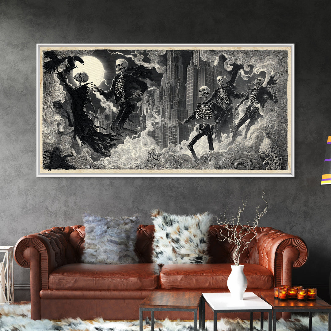 The Haunted City Skyline, Macabre Folk Print Art, Wide Panoramic Art, Gothic Horror Wall Art, Canvas Print, Halloween Wall Art