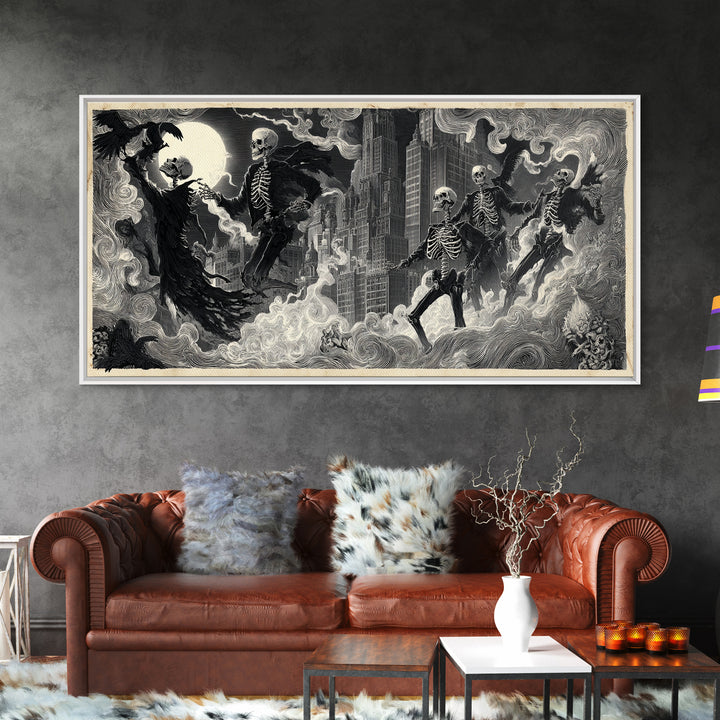 The Haunted City Skyline, Macabre Folk Print Art, Wide Panoramic Art, Gothic Horror Wall Art, Canvas Print, Halloween Wall Art