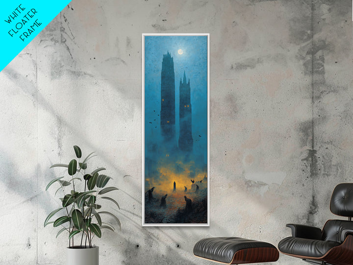 The Haunted City Skyline, Surreal Apocalyptic Art, Tall Narrow Wall Art, Dark Halloween Decor, Framed Canvas Print