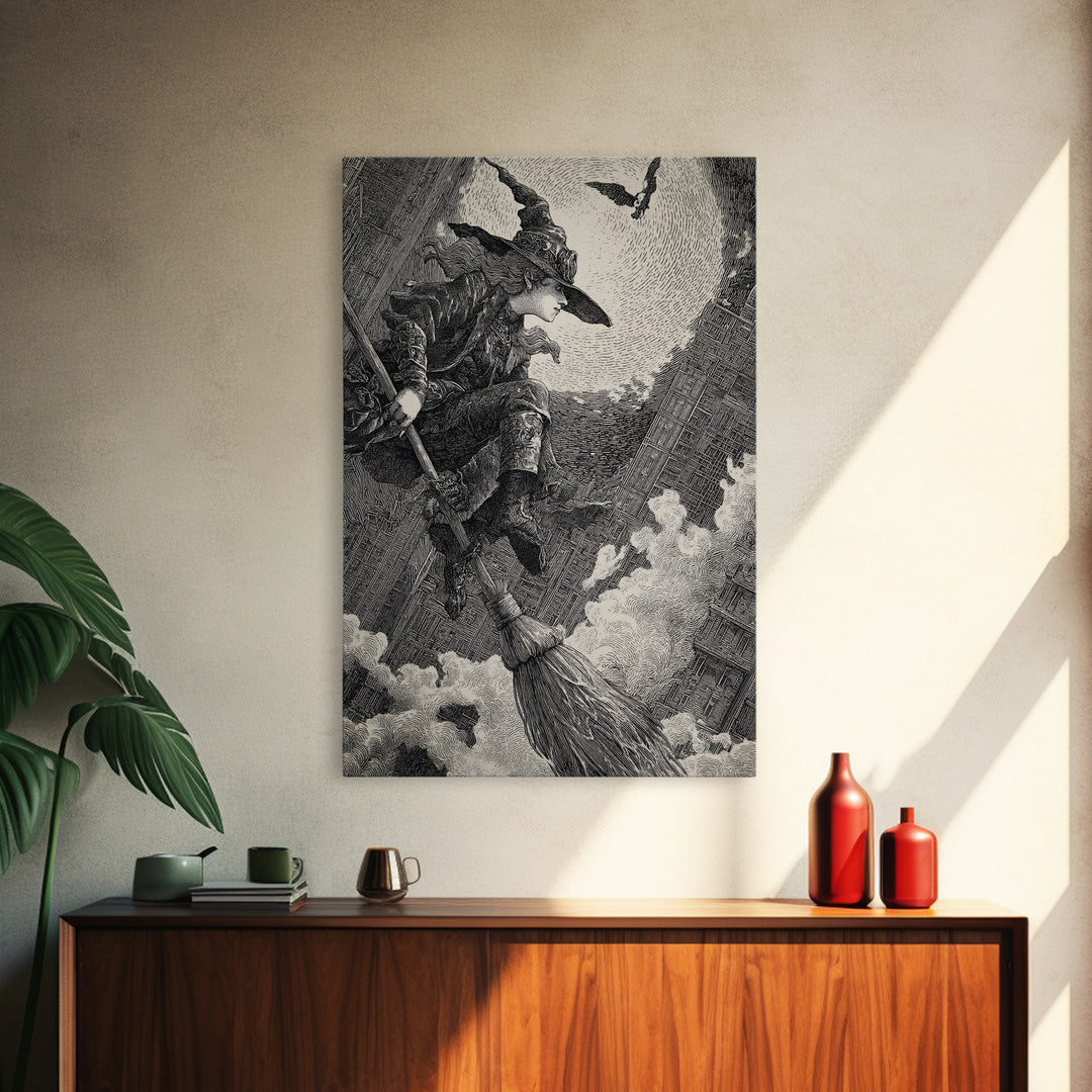 The Cyberpunk Witch, Renaissance Engraving Art, Vertical Wall Art, Dark Fantasy Wall Art, Framed Canvas Print, Halloween Wall Art
