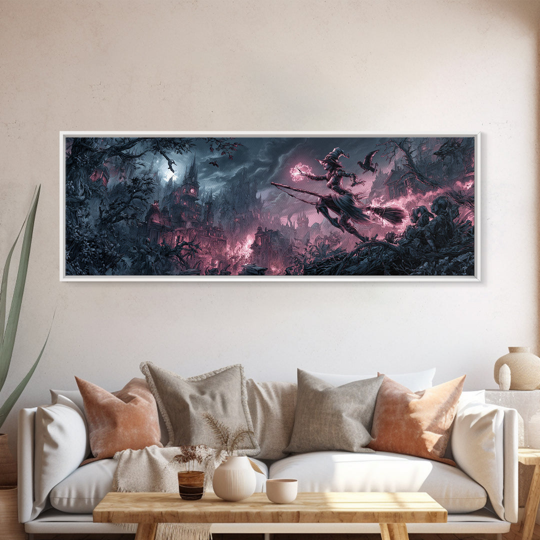 The Cyberpunk Witch, Baroque Witchcraft Art, Extra Wide Wall Art, Dark Halloween Decor, Framed Canvas Print, Halloween Wall Art