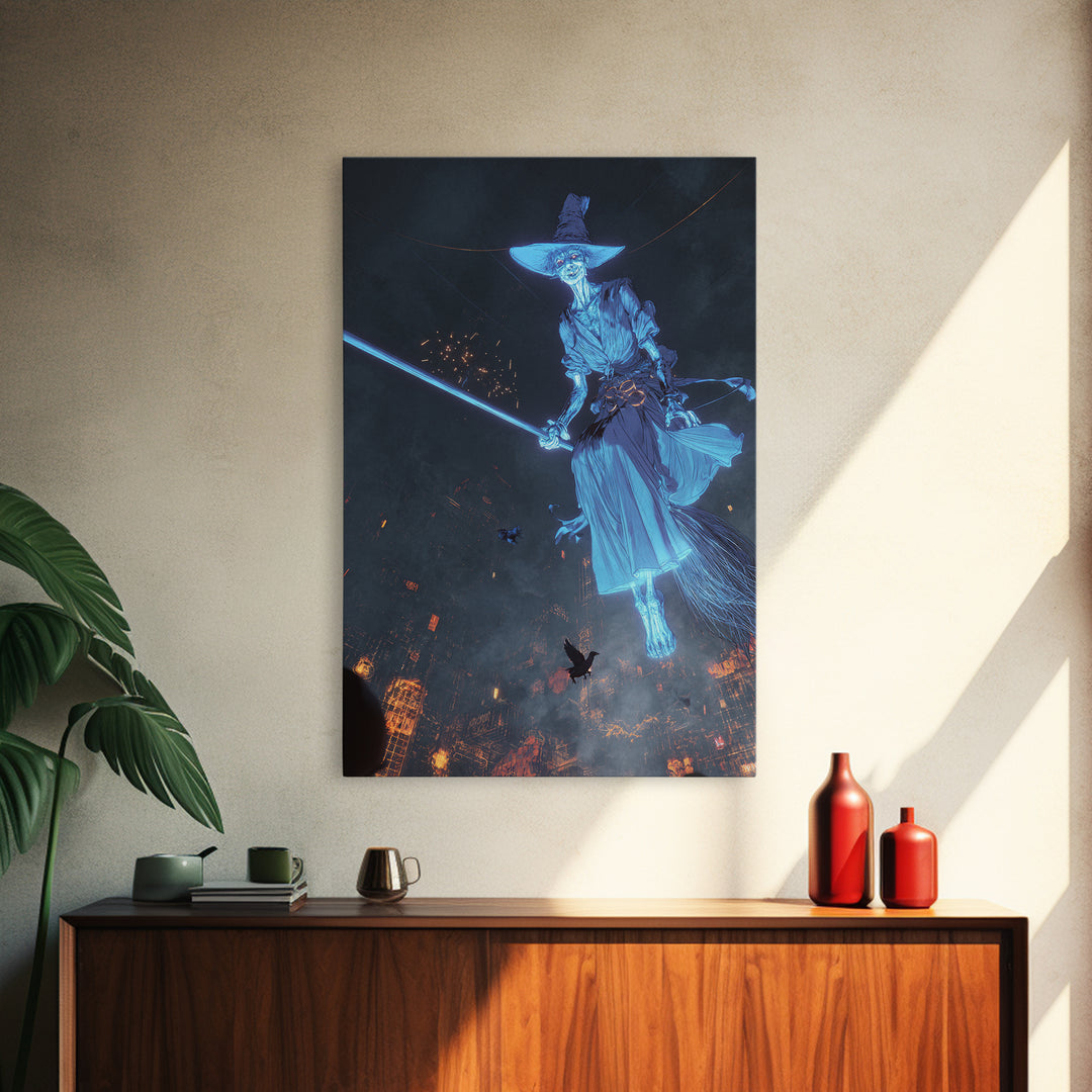 The Cyberpunk Witch, Gothic Nightmare Art, Vertical Wall Art, Dark Halloween Decor, Framed Canvas Print, Halloween Wall Art