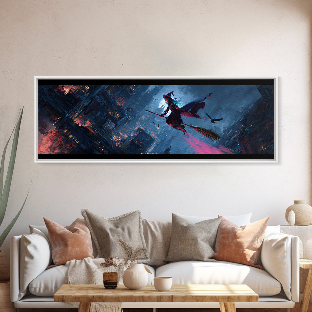 The Cyberpunk Witch, Apocalyptic Romantic Art, Extra Wide Wall Art, Dark Halloween Decor, Framed Canvas Print, Halloween Wall Art