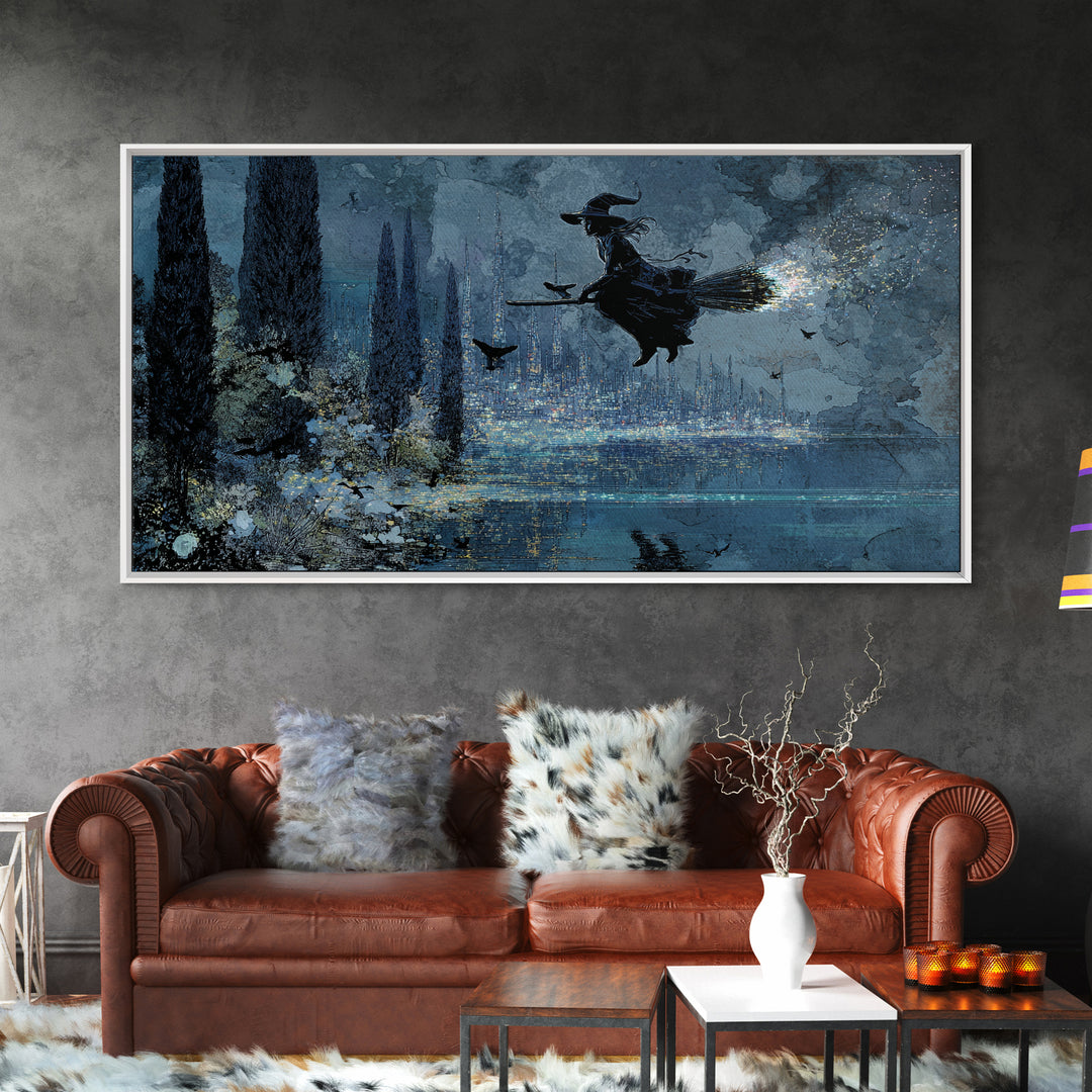 The Cyberpunk Witch, Symbolist Gothic Landscape, Wide Panoramic Art, Gothic Horror Wall Art, Framed Canvas Print, Halloween Wall Art