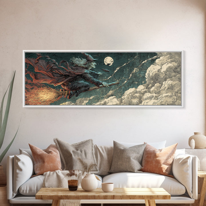 The Cyberpunk Witch, Symbolist Etching Art, Extra Wide Wall Art, Dark Halloween Decor, Canvas Print, Halloween Wall Art
