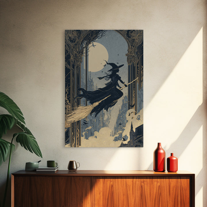 The Cyberpunk Witch, Decadent Line Art, Vertical Wall Art, Dark Fantasy Wall Art, Framed Canvas Print, Halloween Wall Art