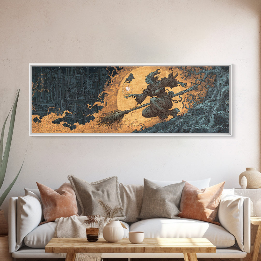 The Cyberpunk Witch, Gothic Storybook Art, Extra Wide Wall Art, Gothic Horror Wall Art, Canvas Print, Halloween Wall Art