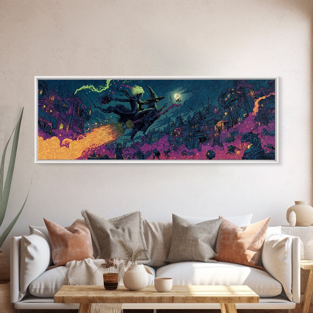 The Cyberpunk Witch, Macabre Folk Print Art, Extra Wide Wall Art, Gothic Horror Wall Art, Framed Canvas Print, Dark Fantasy Art