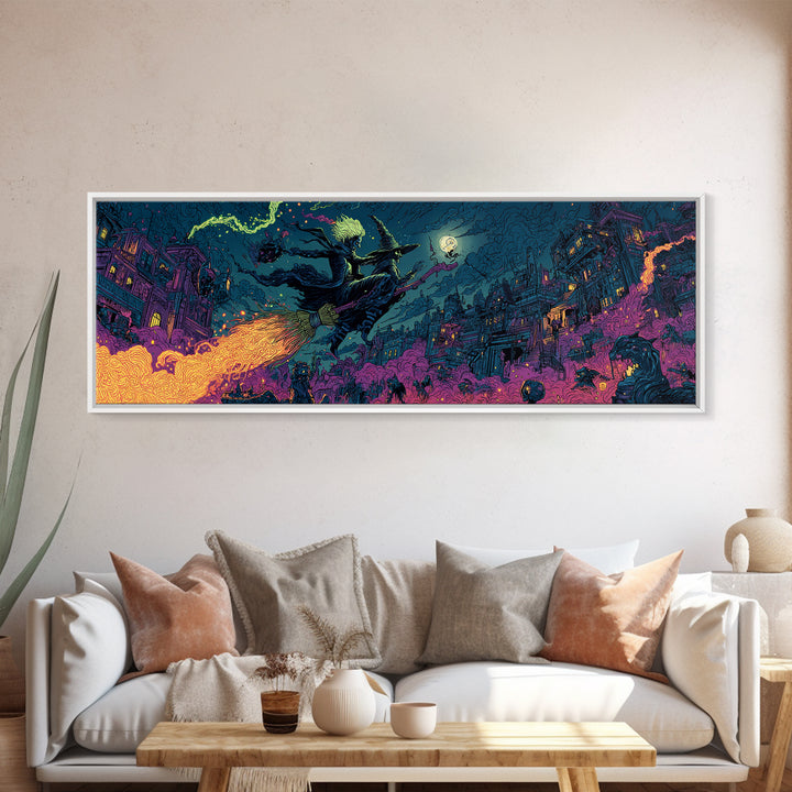 The Cyberpunk Witch, Macabre Folk Print Art, Extra Wide Wall Art, Gothic Horror Wall Art, Framed Canvas Print, Dark Fantasy Art