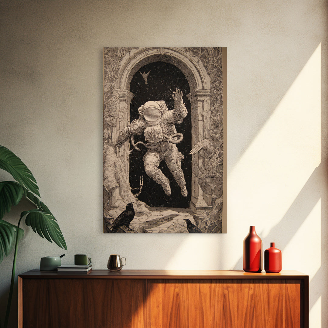 The Astronaut Ghost, Renaissance Engraving Art, Vertical Wall Art, Dark Fantasy Wall Art, Framed Canvas Print, Halloween Wall Art