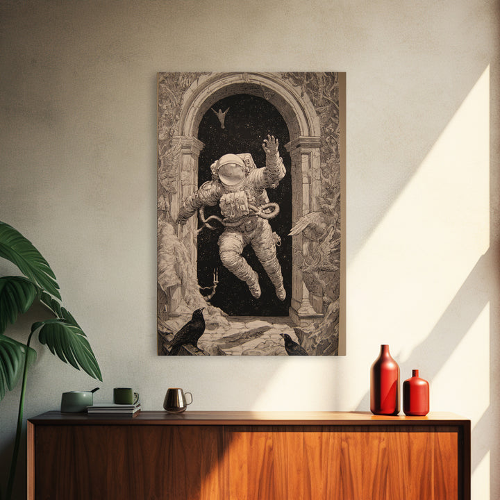 The Astronaut Ghost, Renaissance Engraving Art, Vertical Wall Art, Dark Fantasy Wall Art, Framed Canvas Print, Halloween Wall Art
