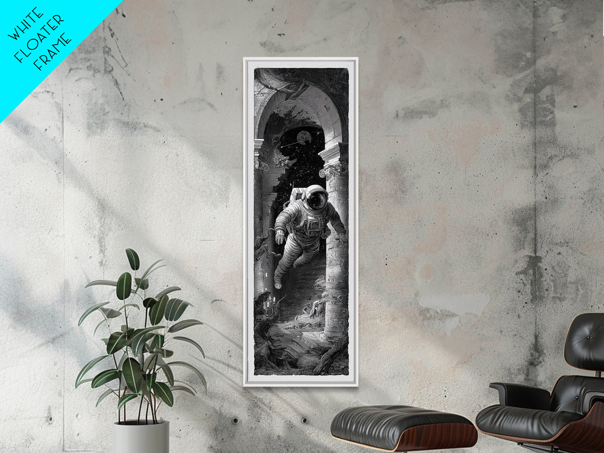 The Astronaut Ghost, Architectural Etching Art, Tall Narrow Wall Art, Dark Halloween Decor, Framed Canvas Print