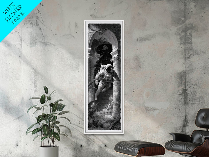 The Astronaut Ghost, Architectural Etching Art, Tall Narrow Wall Art, Dark Halloween Decor, Framed Canvas Print