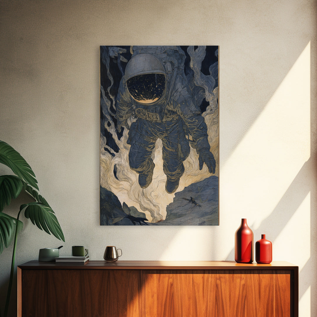 The Astronaut Ghost, Symbolist Etching Art, Vertical Wall Art, Macabre Wall Art, Framed Canvas Print, Halloween Wall Art