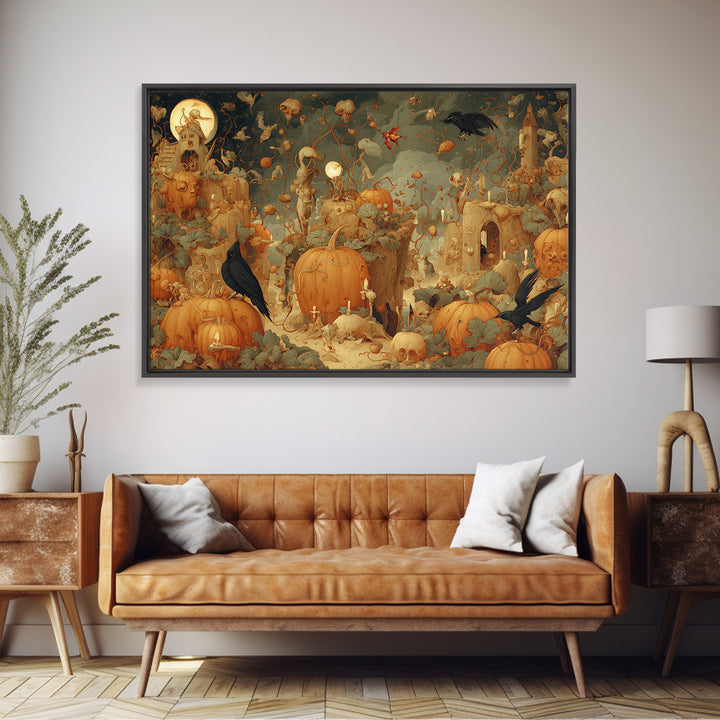 The Alien Pumpkin Patch, Medieval Grotesque Art, Landscape Wall Art, Macabre Wall Art, Canvas Print, Halloween Wall Art