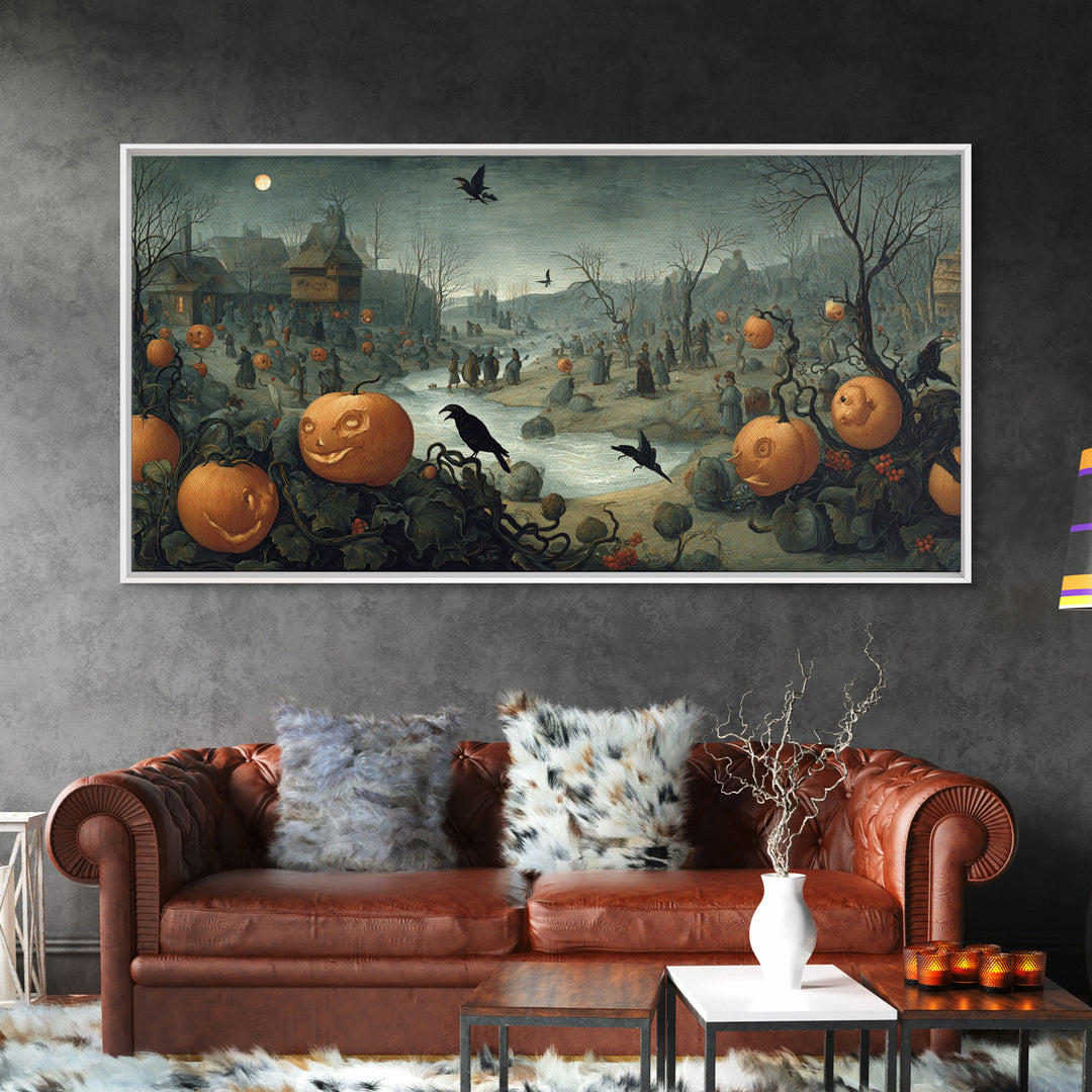 The Alien Pumpkin Patch, Northern Renaissance Horror, Wide Panoramic Art, Dark Halloween Decor, Canvas Print, Halloween Wall Art