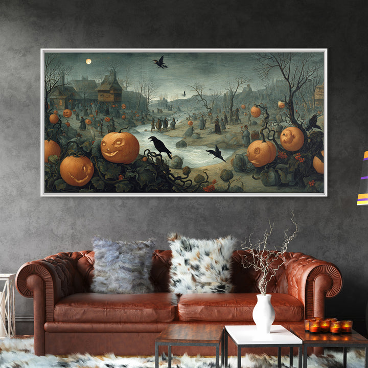 The Alien Pumpkin Patch, Northern Renaissance Horror, Wide Panoramic Art, Dark Halloween Decor, Canvas Print, Halloween Wall Art