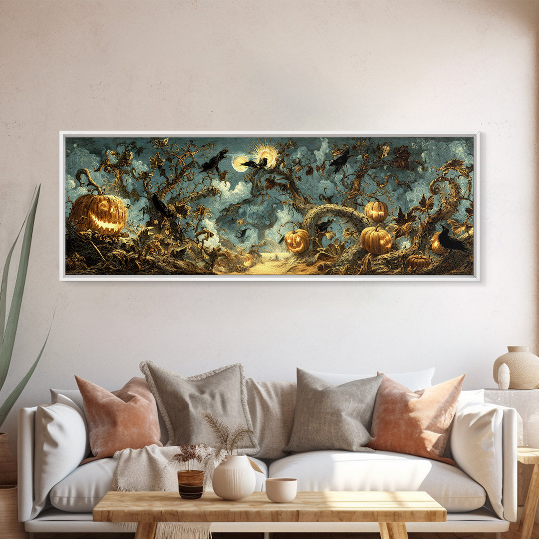 The Alien Pumpkin Patch, Visionary Gothic Art, Extra Wide Wall Art, Dark Halloween Decor, Framed Canvas Print, Halloween Wall Art