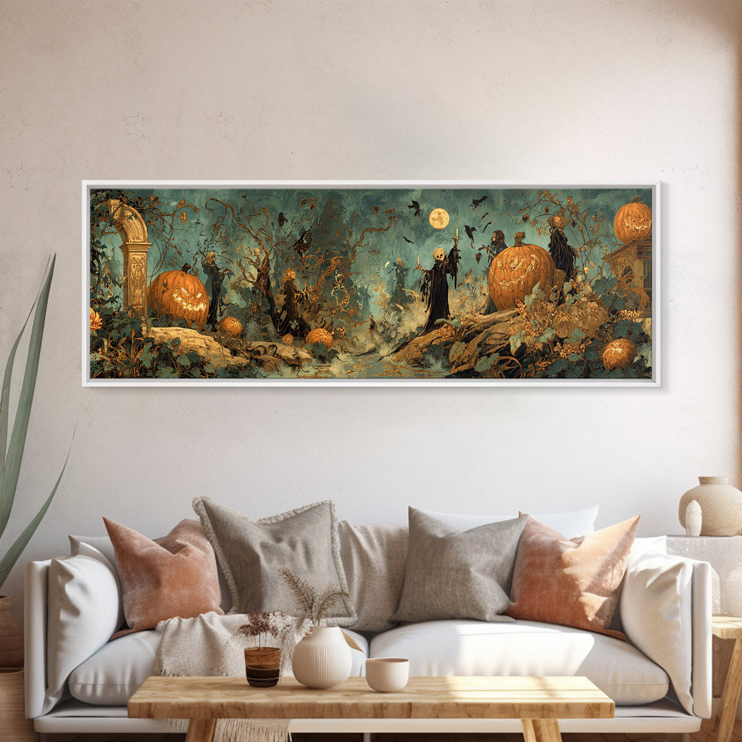 The Alien Pumpkin Patch, Ornate Symbolist Art, Extra Wide Wall Art, Dark Halloween Decor, Canvas Print, Halloween Wall Art