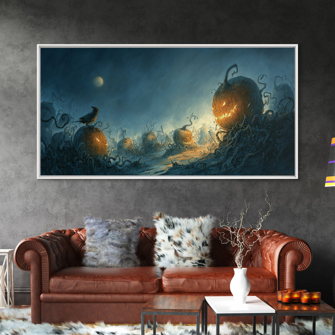 The Alien Pumpkin Patch, Expressionist Nightmare Art, Wide Panoramic Art, Macabre Wall Art, Framed Canvas Print, Halloween Wall Art