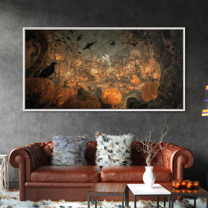 The Alien Pumpkin Patch, Grotesque Carnival Art, Wide Panoramic Art, Gothic Horror Wall Art, Framed Canvas Print, Halloween Wall Art