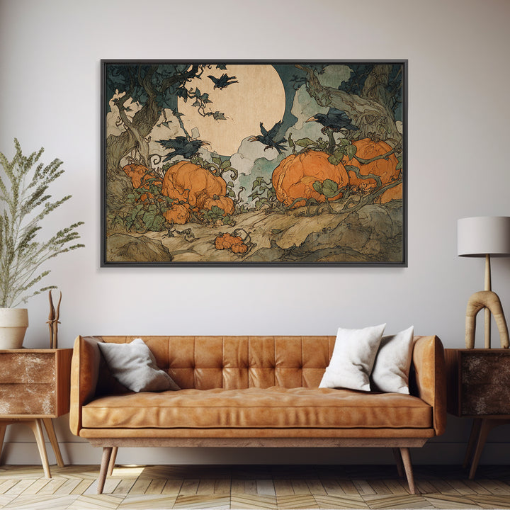 The Alien Pumpkin Patch, Gothic Storybook Art, Landscape Wall Art, Macabre Wall Art, Framed Canvas Print, Halloween Wall Art