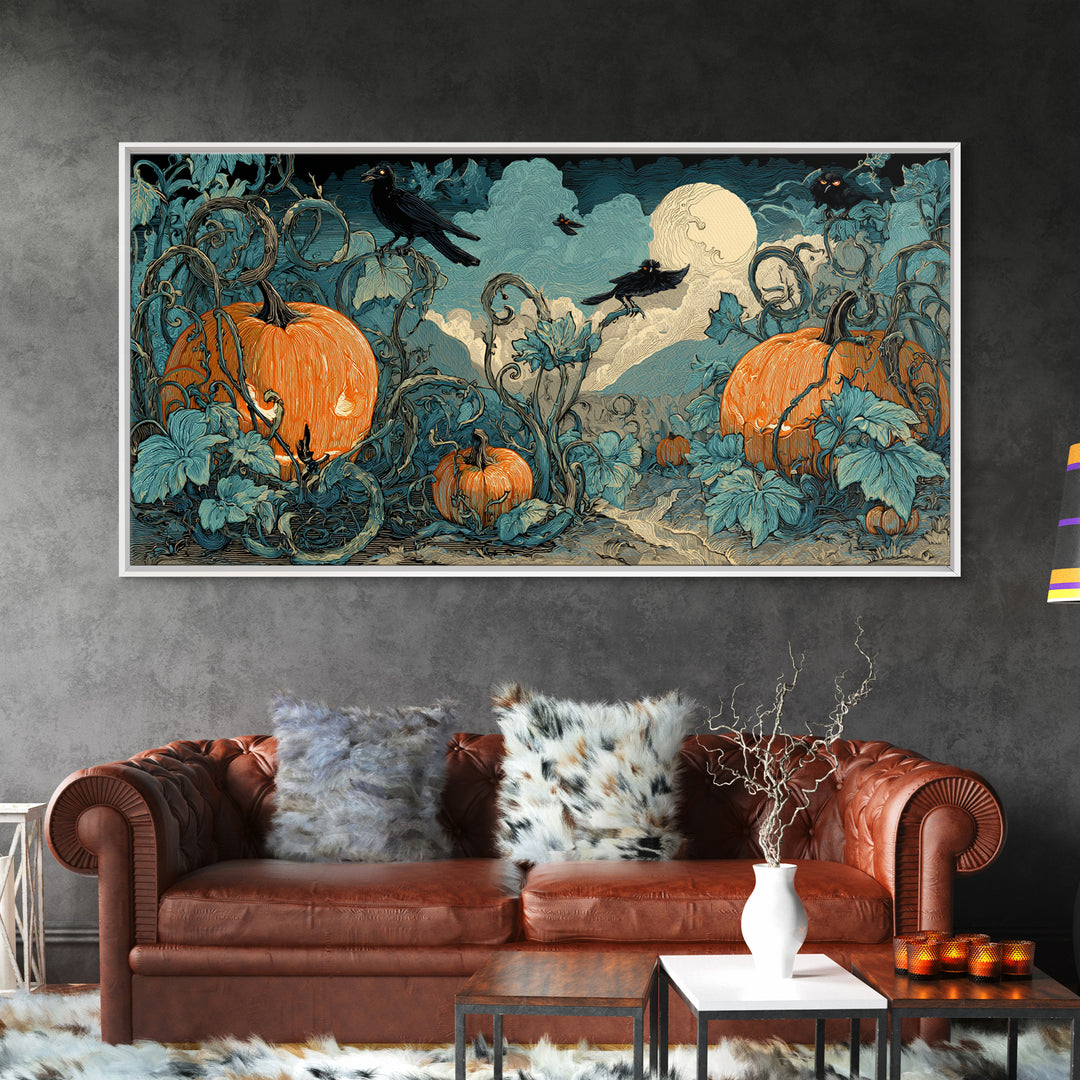 The Alien Pumpkin Patch, Macabre Folk Print Art, Wide Panoramic Art, Macabre Wall Art, Canvas Print, Halloween Wall Art