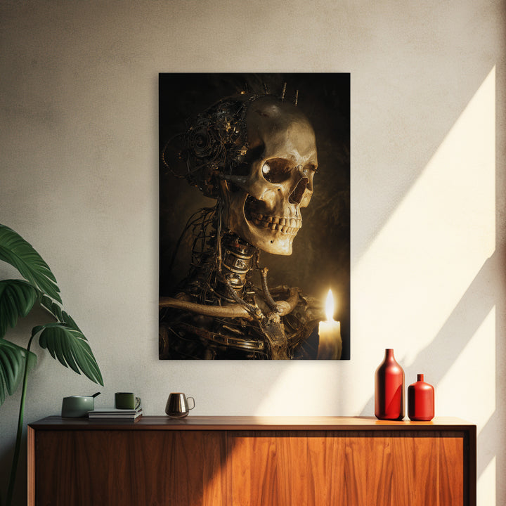 The Biomechanical Skeleton, Dark Romantic Horror Art, Vertical Wall Art, Dark Halloween Decor, Canvas Print, Halloween Wall Art