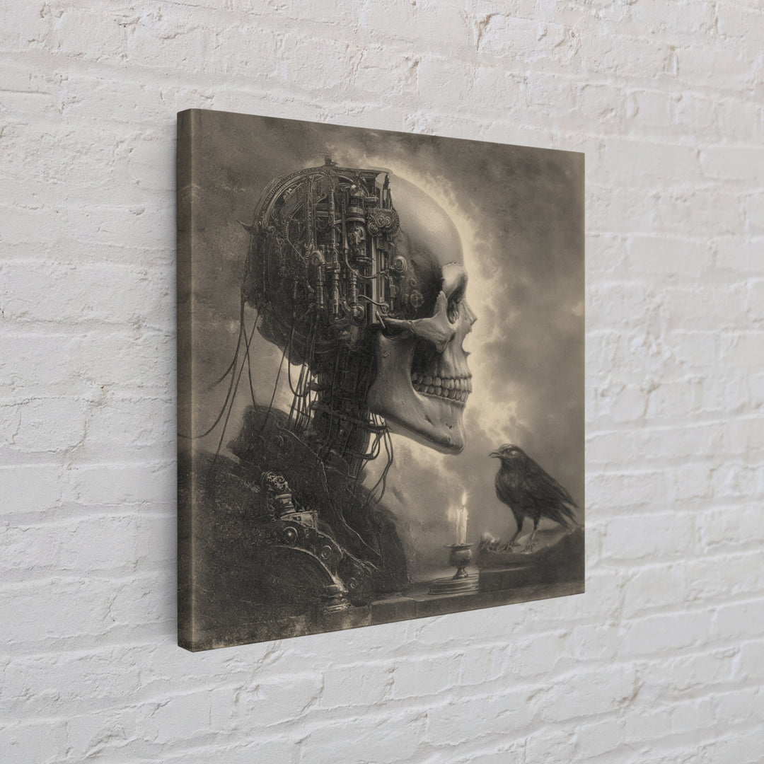The Biomechanical Skeleton, Symbolist Etching Art, Square Wall Art, Dark Fantasy Wall Art, Canvas Print, Halloween Wall Art