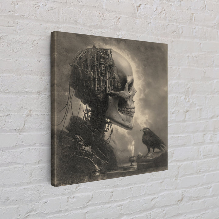 The Biomechanical Skeleton, Symbolist Etching Art, Square Wall Art, Dark Fantasy Wall Art, Canvas Print, Halloween Wall Art