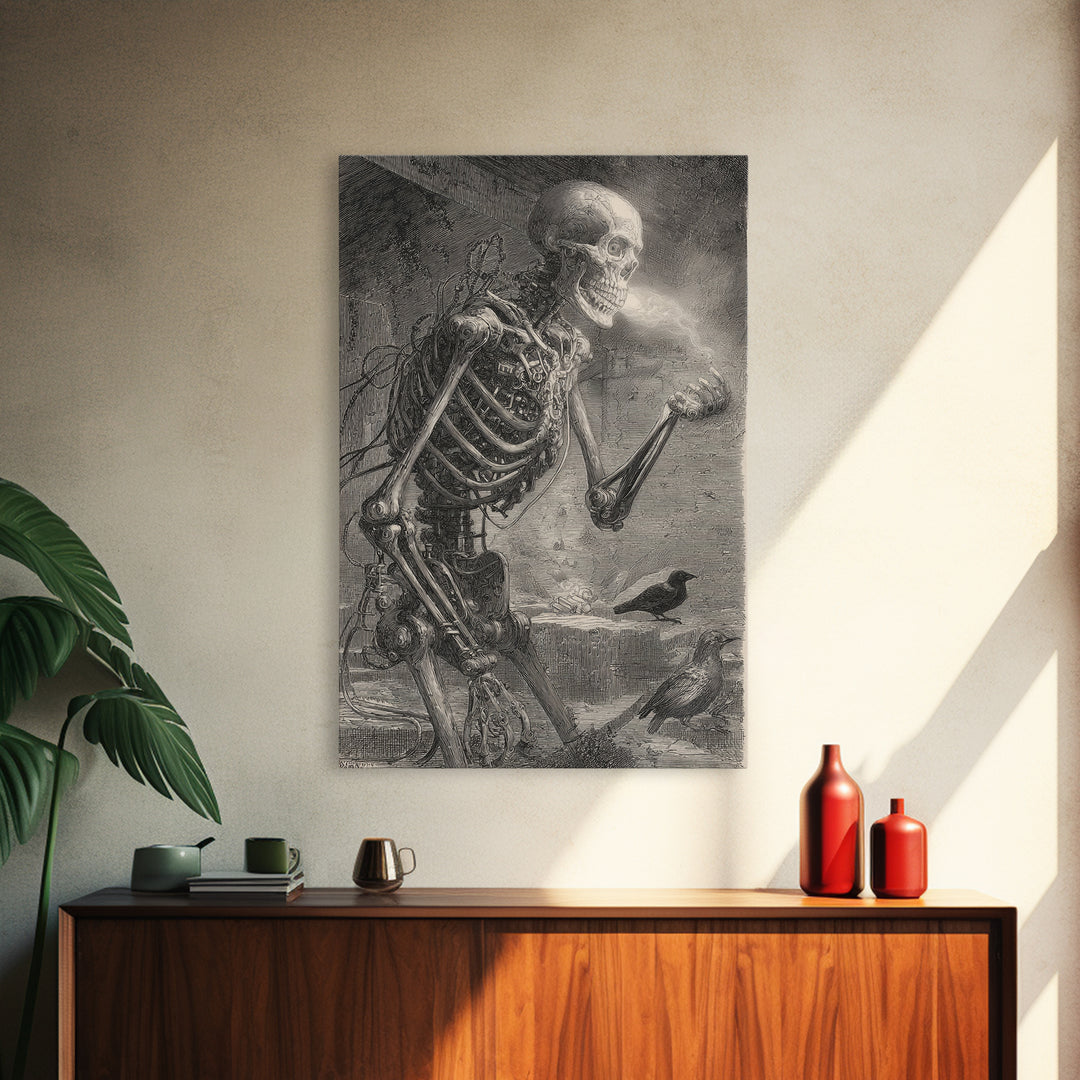 The Biomechanical Skeleton, Victorian Macabre Art, Vertical Wall Art, Dark Fantasy Wall Art, Framed Canvas Print, Halloween Wall Art